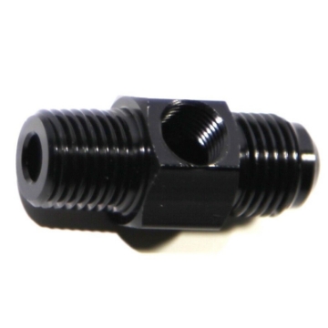 (one) Black 6AN Male to 1/4NPT Male Fitting Adapter + 1/8NPT Pressure/Temp Port