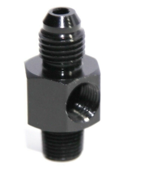 Picture of (one) Black AN4 Male to 1/8NPT Male Straight Flare Fitting w/1/8NPT Gauge Port